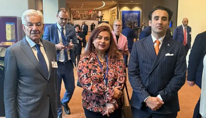 Shama Junejo seated at the United Nations General Assembly, claiming to be part of Pakistan’s official delegation as an advisor.