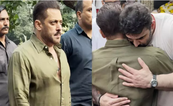 Salman Khan embracing Nikitin Dheer at funeral pyre, surrounded by mourning Bollywood stars.