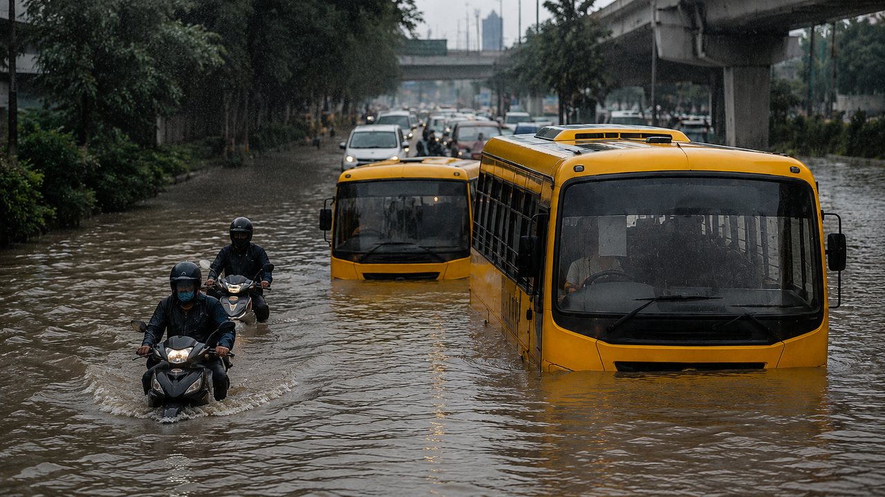 Vehicles move through waterlogged roads after heavy rain in Delhi NCR and Gurugram