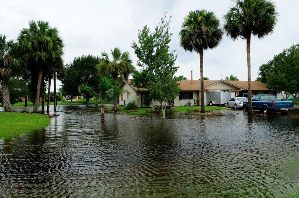Flooded street in the Midwest United States during the 2026 Indiana flooding disaster