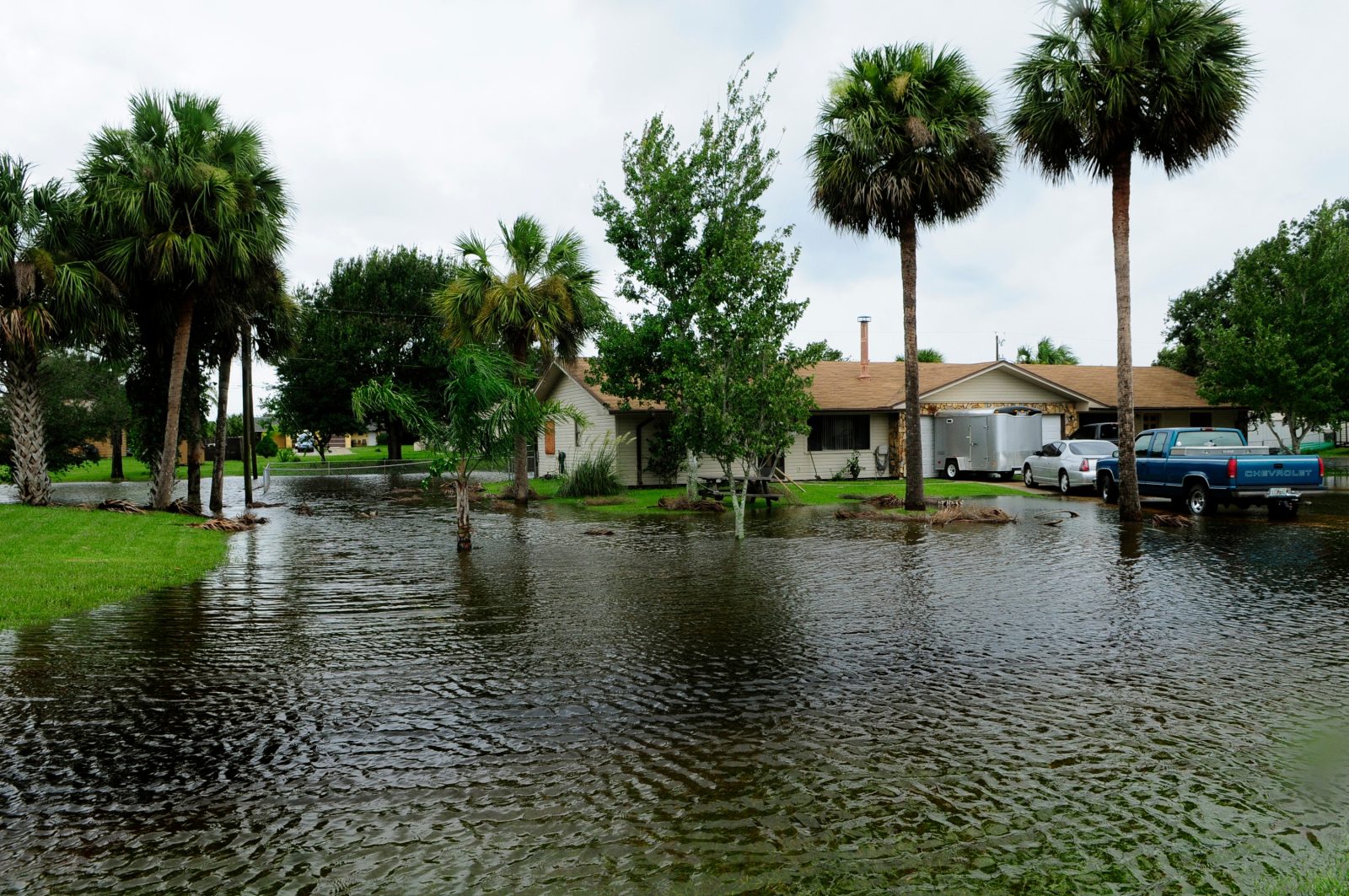 Flooded street in the Midwest United States during the 2026 Indiana flooding disaster