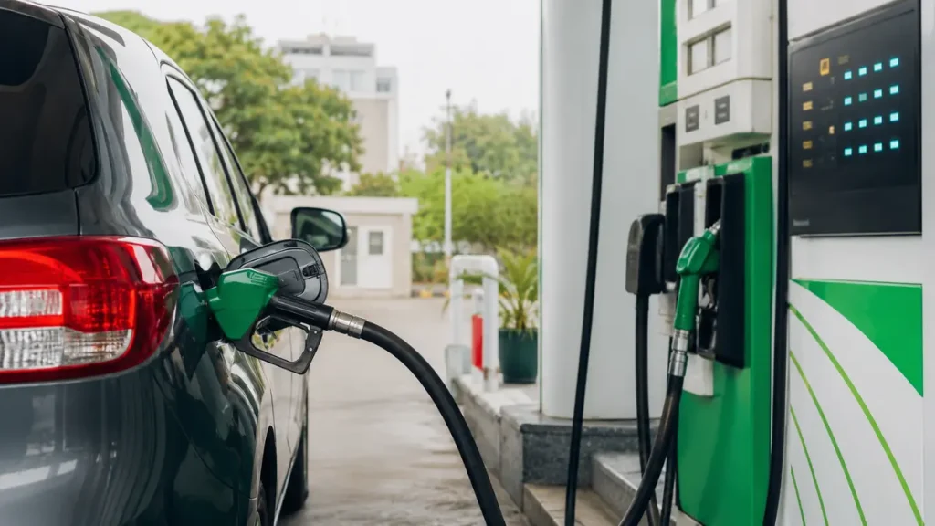 Car being refuelled at a petrol station in Pakistan